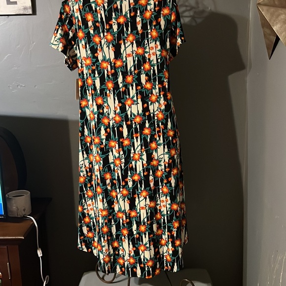 NWT Lularoe Hi-Lo dress in orange/green print on black/cream background. Sz XL. - Picture 4 of 6
